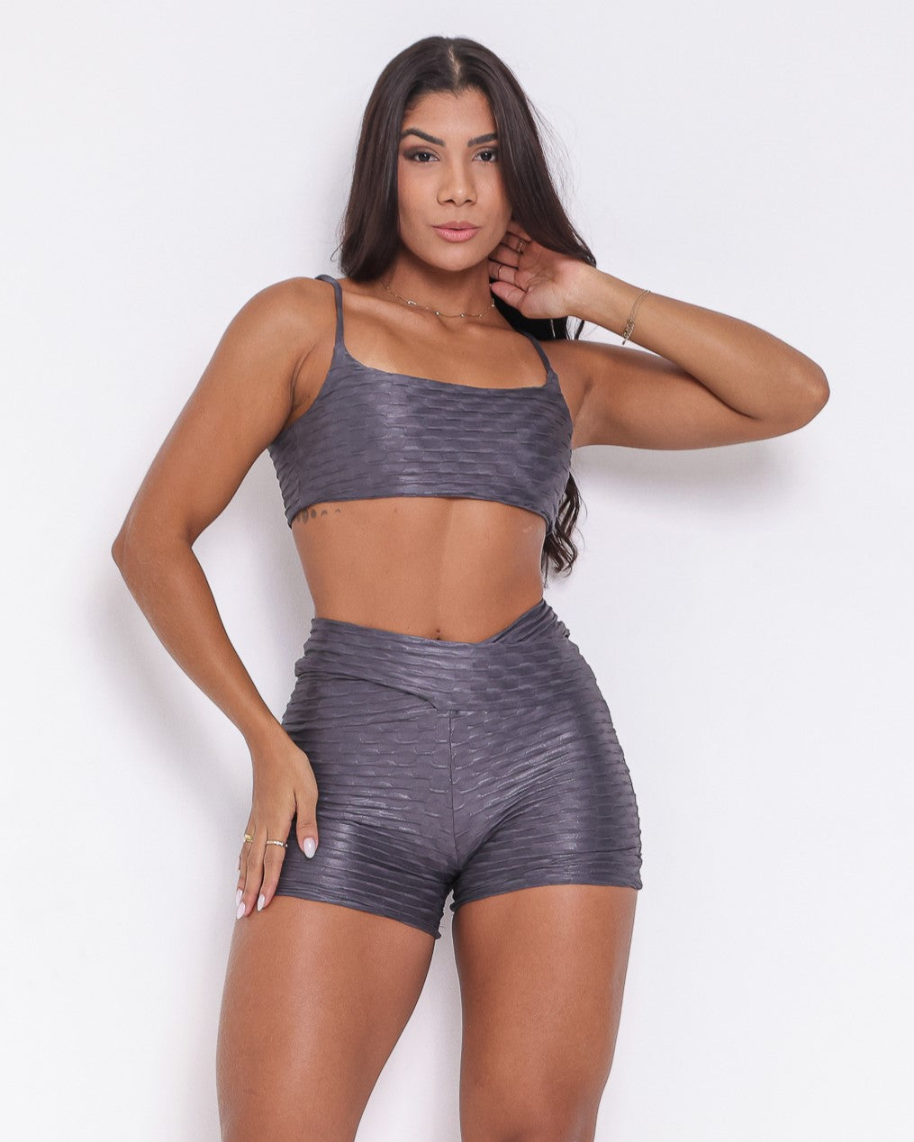 Conjunto Short Básico Cós Cruzado Textura Gloss + Top Ju